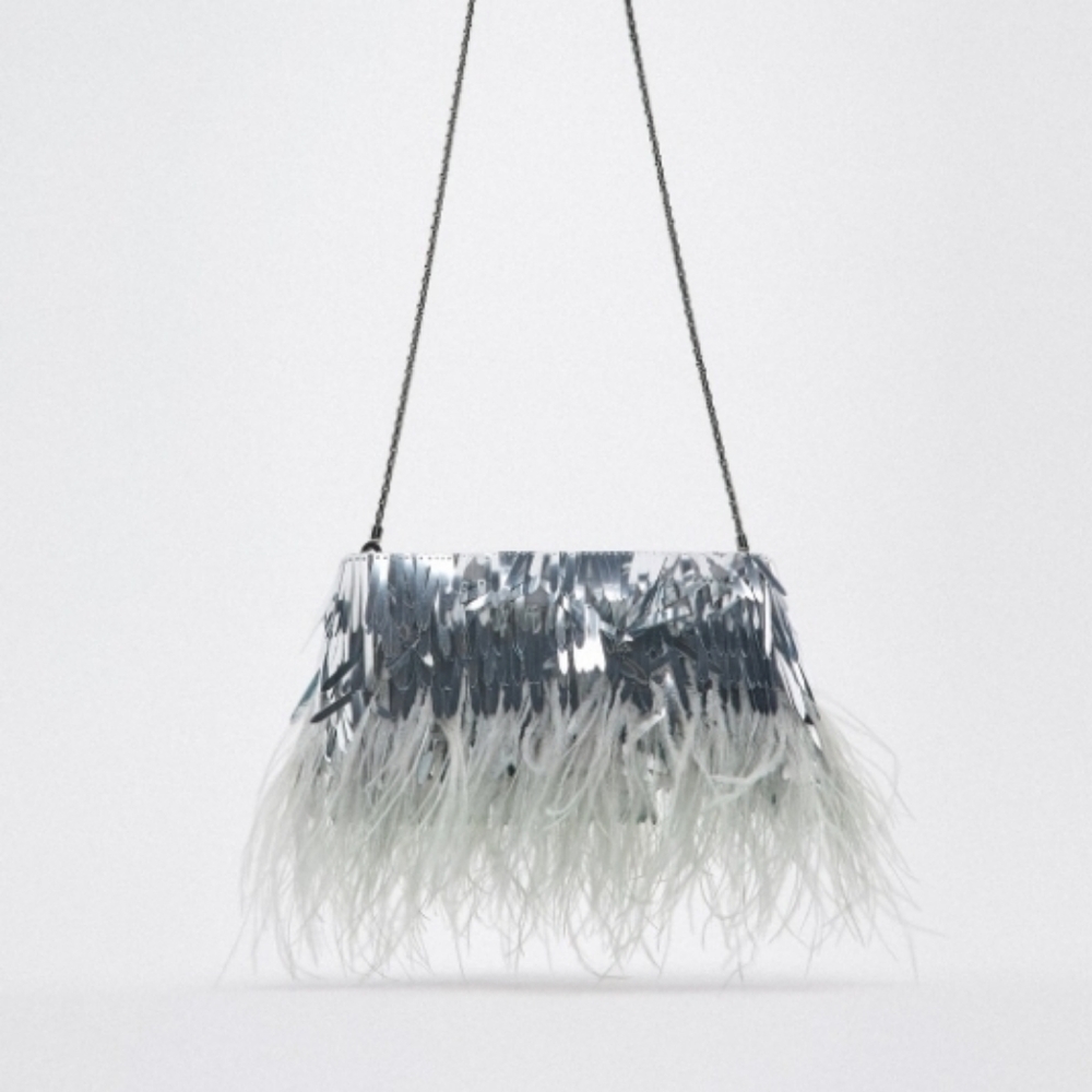 Sequin feathered rhinestone clutch